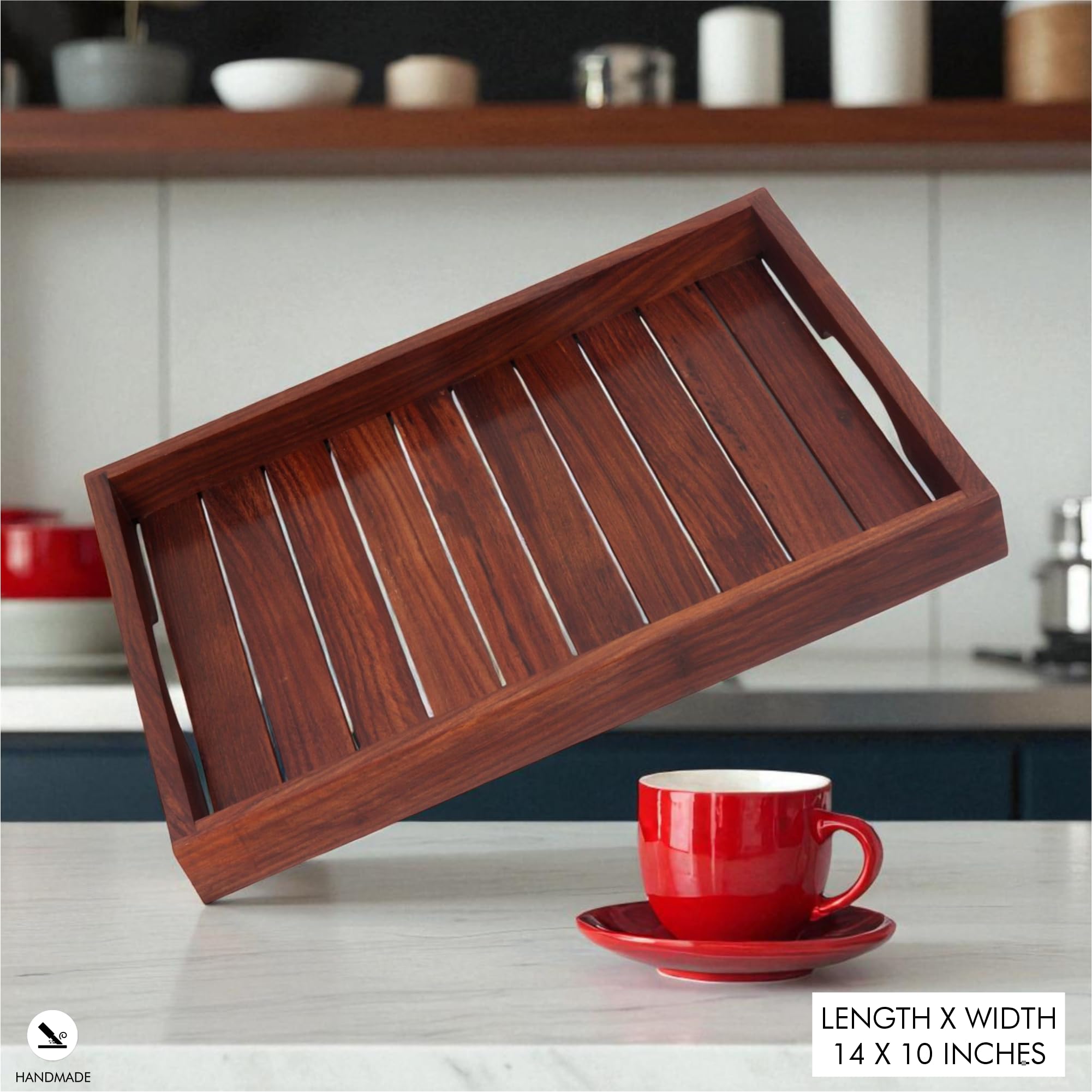 Bandejas de servir anidadas hechas a mano en bandejas de madera de Sheesham para servir té, bandeja decorativa de madera, bandeja de aperitivos, mesa de comedor, oficina, desayuno