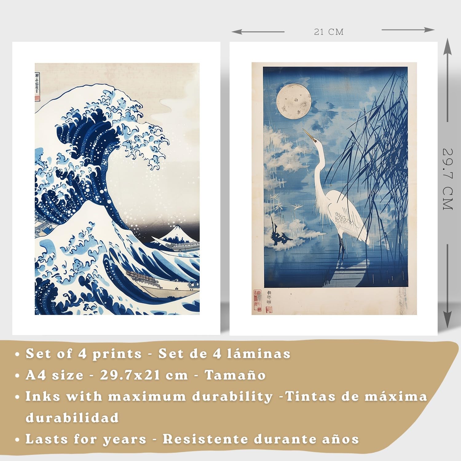 Nacnic Juego De 4 Laminas Decorativas Pared Estilo Japon. Cuadros Salon Modernos - Posters Decorativos Azules Orientales. Arte Japones. Decoración Dormitorios. A4 Marco Blanco