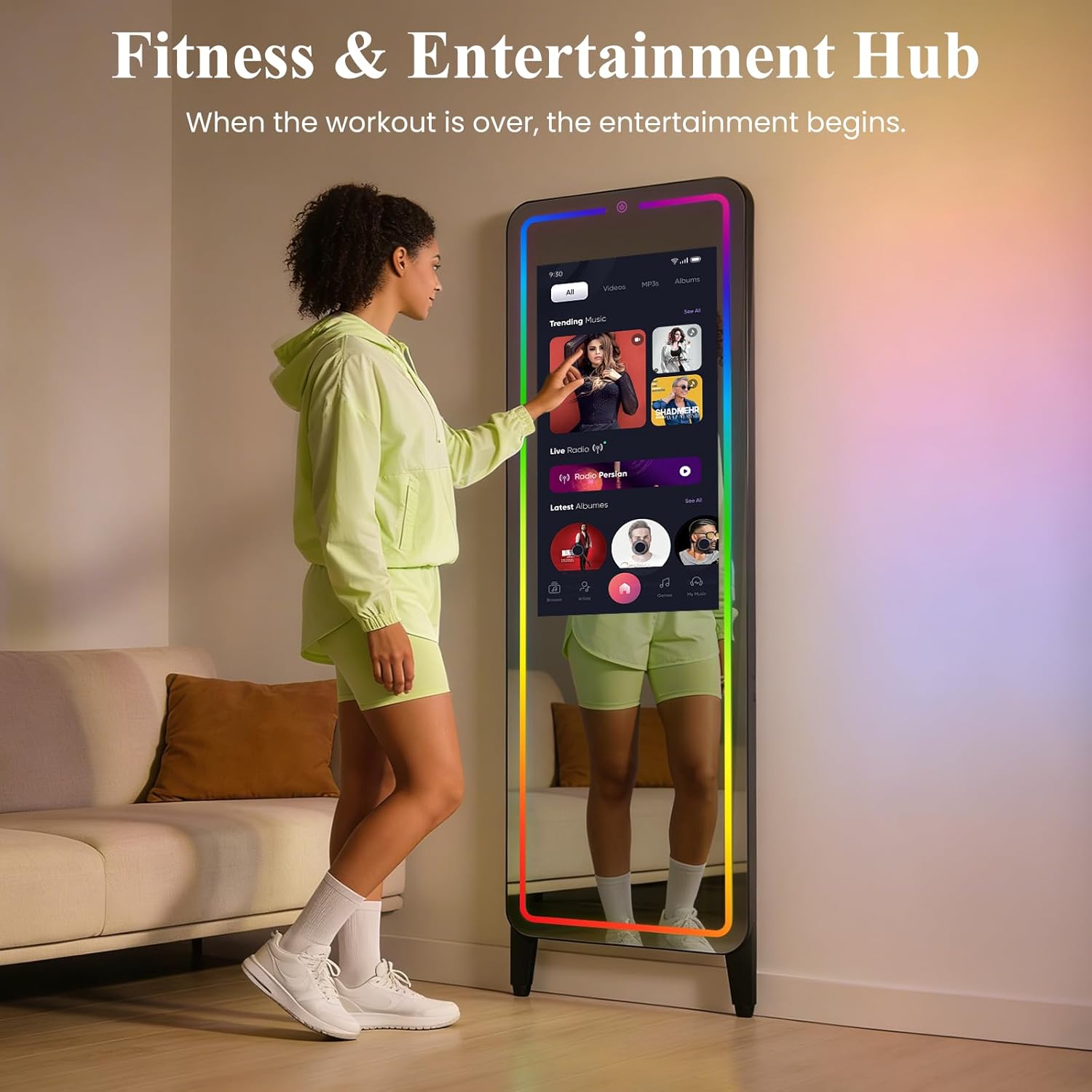 Smart Fitness Mirror 32" Touchscreen Android Open System Workout Monitor with 63" Full Length HD Mirror, RGB LED Lights, Wall Mount & Free Standing, Ideal for Home Gym Yoga Exercise