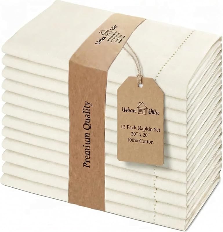 Urban Villa Cloth Napkins Ivory Hemstitch Dinner Napkins Set of 12 (20X20) 100% Cotton Absorbent Washable Durable Reusable Ideal for Hotel Collection Farmhouse Parties Restaurant Lunch Dinner Napkins