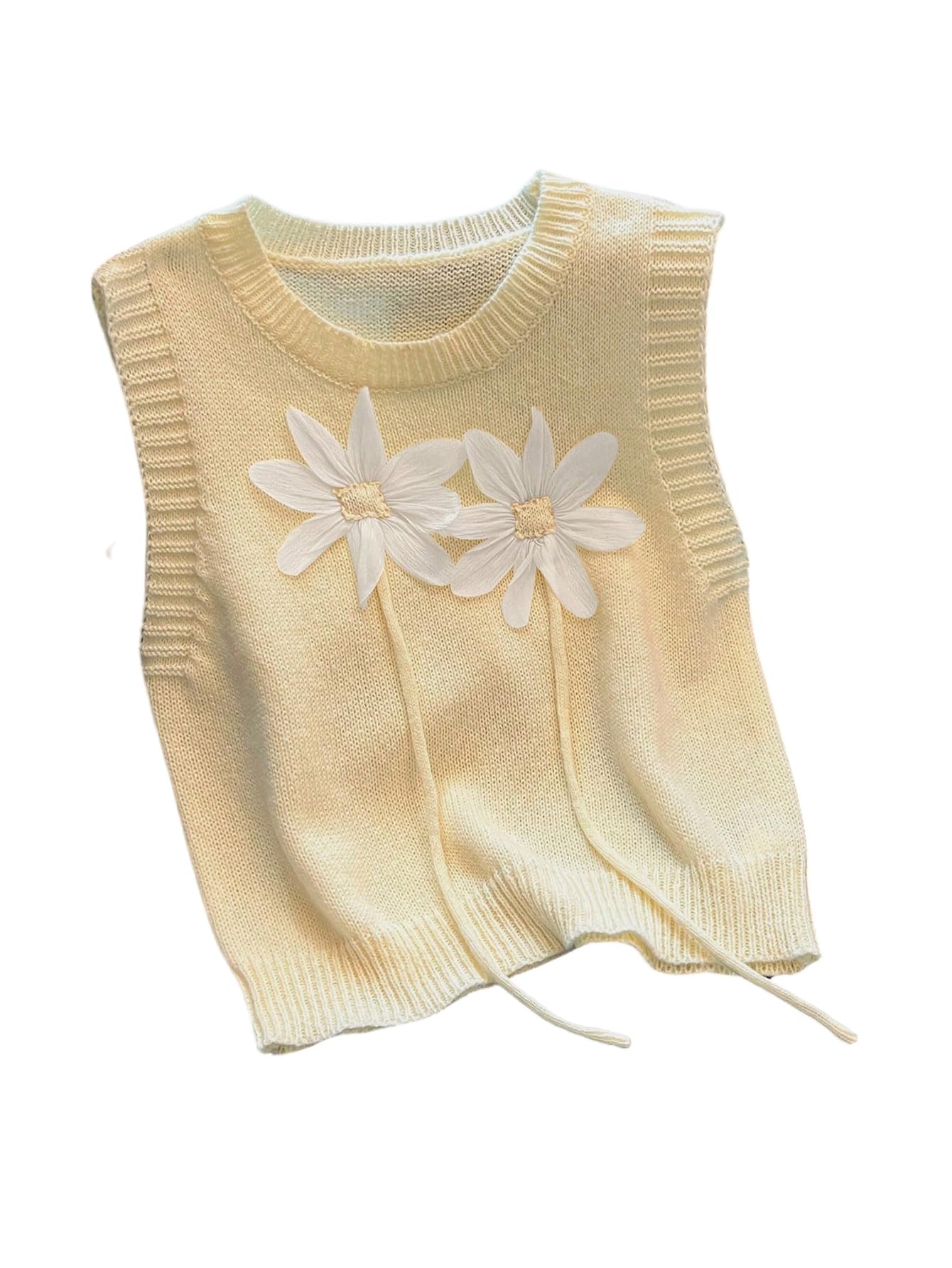 Verdusa Womens 3D Floral Sweater Vest Sleeveless Crew Neck Lightweight Knitted Tank Top Yellow X-Large