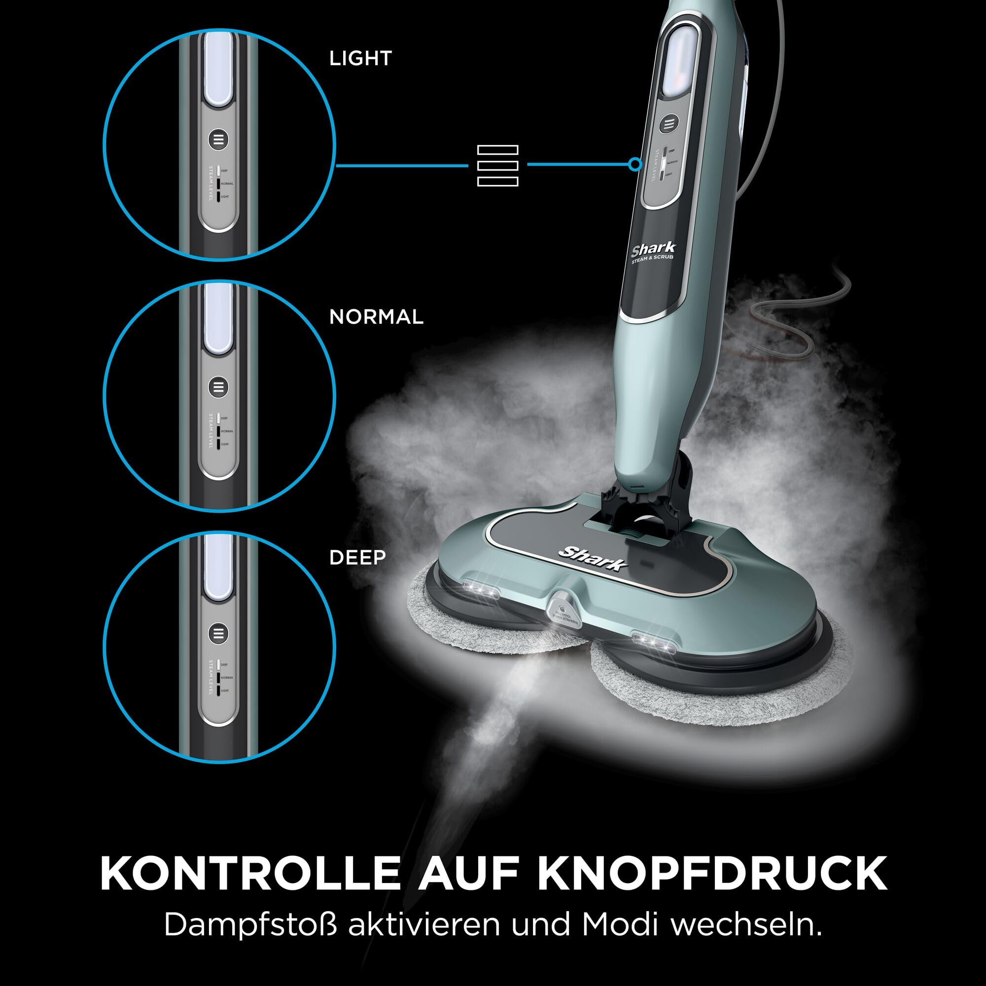 Shark Dampfreiniger Mop, automatisch, mit Steam Blaster, 6 Schmutzfänger-Pads, 3 Dampfstufen, bei Flecken und Schmutz, hygienische Reinigung für versiegelte Hartböden, 8m Kabel, Salbei-Grün, S8201EUCP