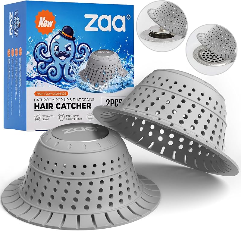 Colador de drenaje para bañera, accesorios de fijación de tapón de baño de silicona | Paquete de 2 recogedores de pelo plegables para ducha, color gris, para bañeras emergentes, atrapa el pelo antes de las obstrucciones, fácil de limpiar para lavabos de baño
