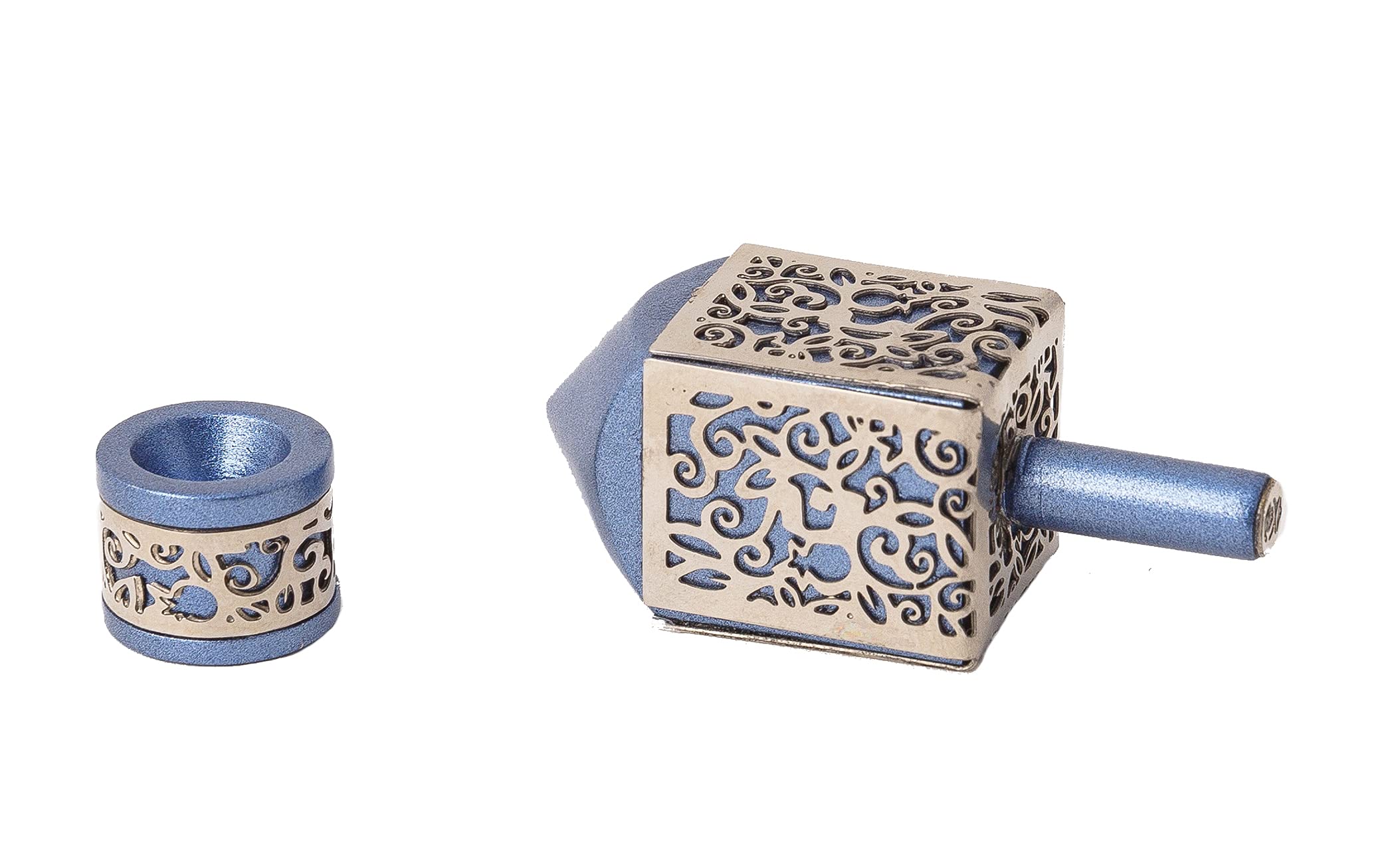 Yair Emanuel Decorative Dreidel with Stand | Pomegranates Cutout Design | Hanukkah Gift Jewish Decorations (Blue, Small)