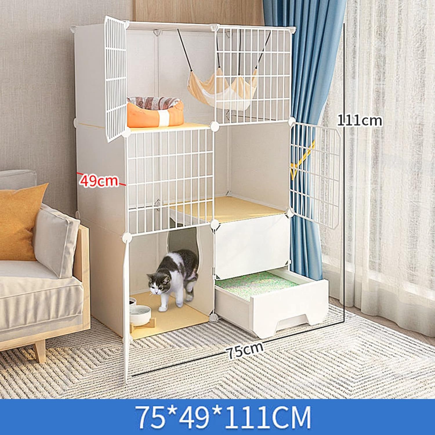 2 Tier Cat Cages Indoor with Litter Box,Portable Cat Cage,Small Pet Cages,Detachable Metal Wire Cat Cage,Exercise Place for 1-2 Cats,A-75 * 49 * 111cm