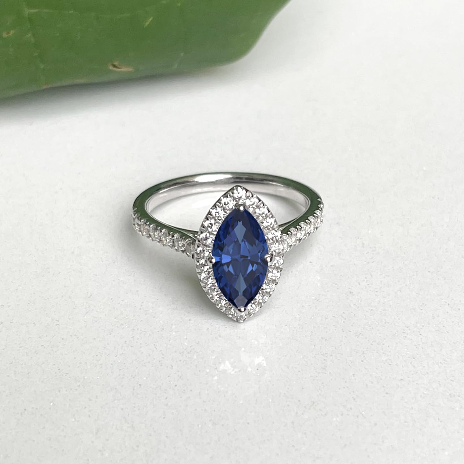1 Carat Marquise Cut Blue Sapphire & Diamond Halo Engagement Ring For Women, 14K Gold Plated 925 Silver September Birthstone Bridal Side Stone Ring