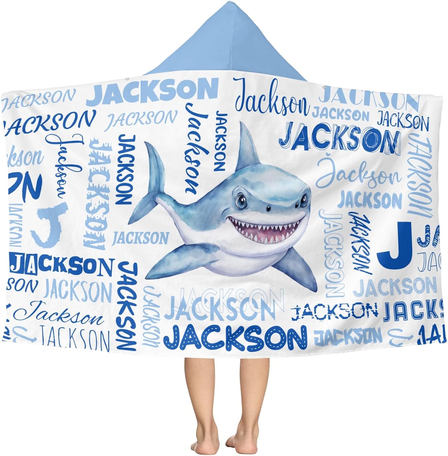 Personalized Kids Hooded Beach Towel Custom Bath Towel with Names for Kids 50" x 30" Microfiber Quick Dry Beach Towel with Hood Sand Free Pool Towels for Boys Girls Shark