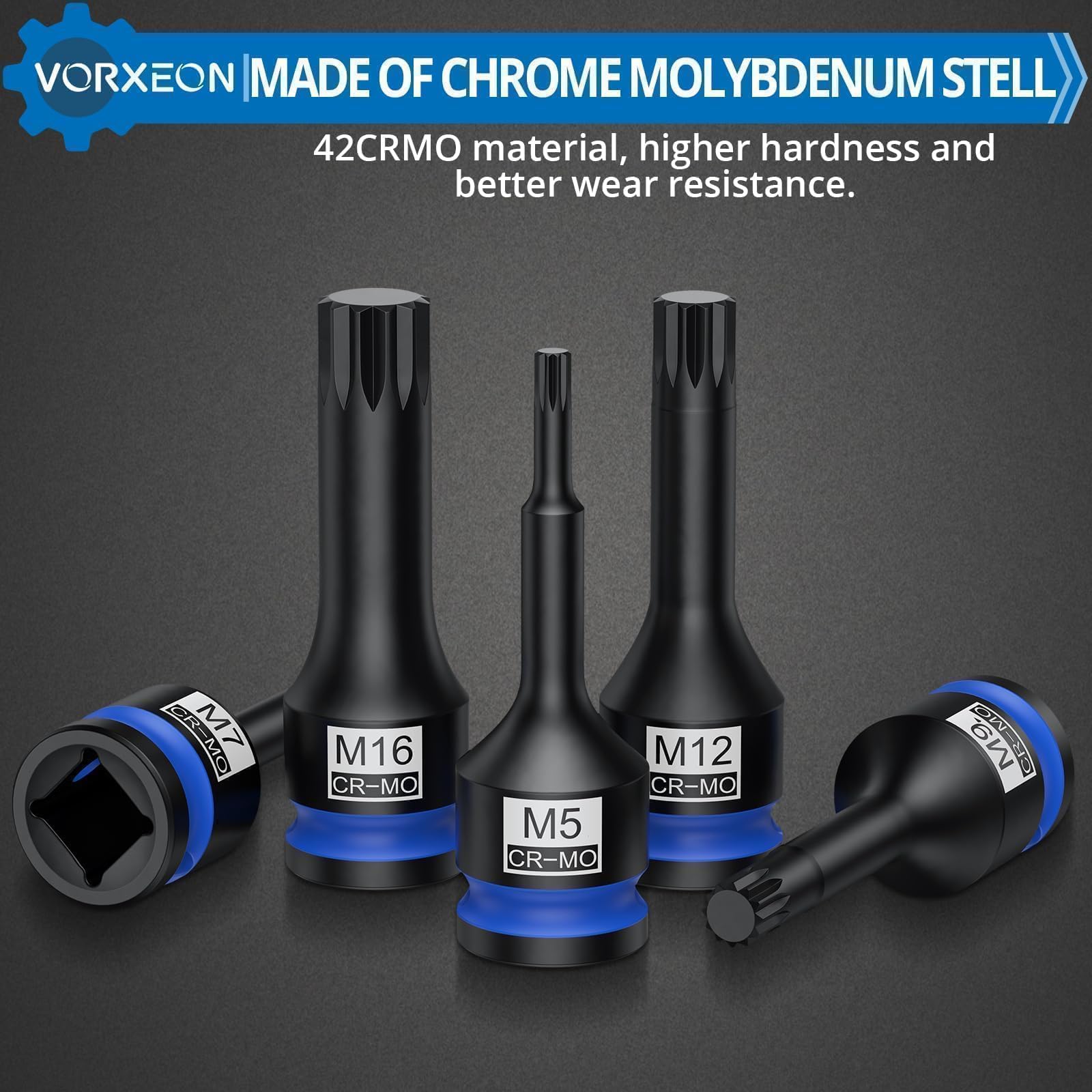 VORXEON 10Pcs 1/2" Drive Impact XZN Bit Socket Set 42CRMO 1/2" Drive Impact Triple Square Spline Bit Socket Set M5 M6 M7 M8 M9 M10 M12 M14 M16 M18 with Storage Case - Image 2