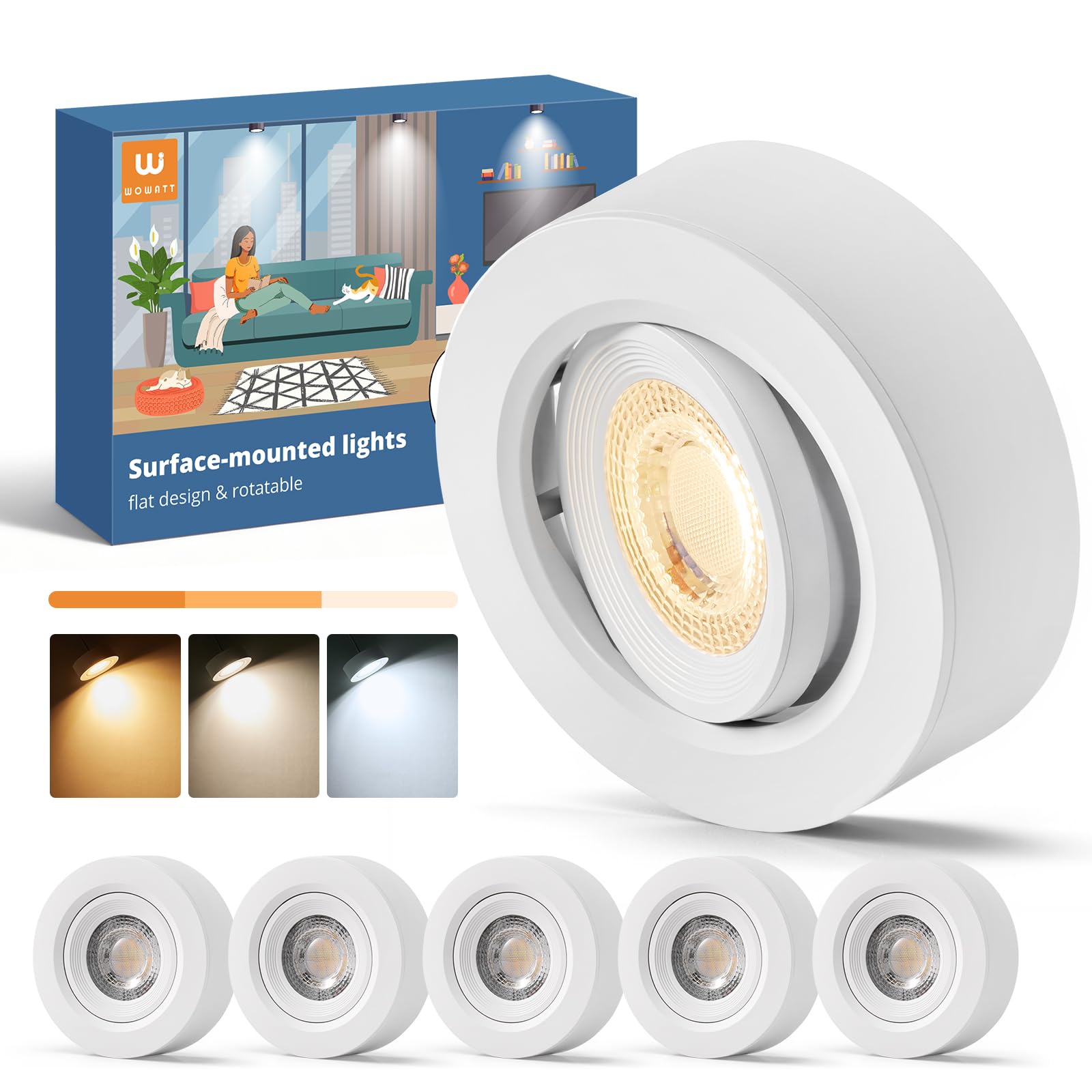 wowatt 6 Piezas Focos LED Interior Techo Superficie Blanco, Orientables 30° | 30mm x 92mm, 220-240V, Focos Superficie Techo Regulables Luz Calida Luz Neutra Luz Frío, 5.5W, 550LM, Plástico, Redondo