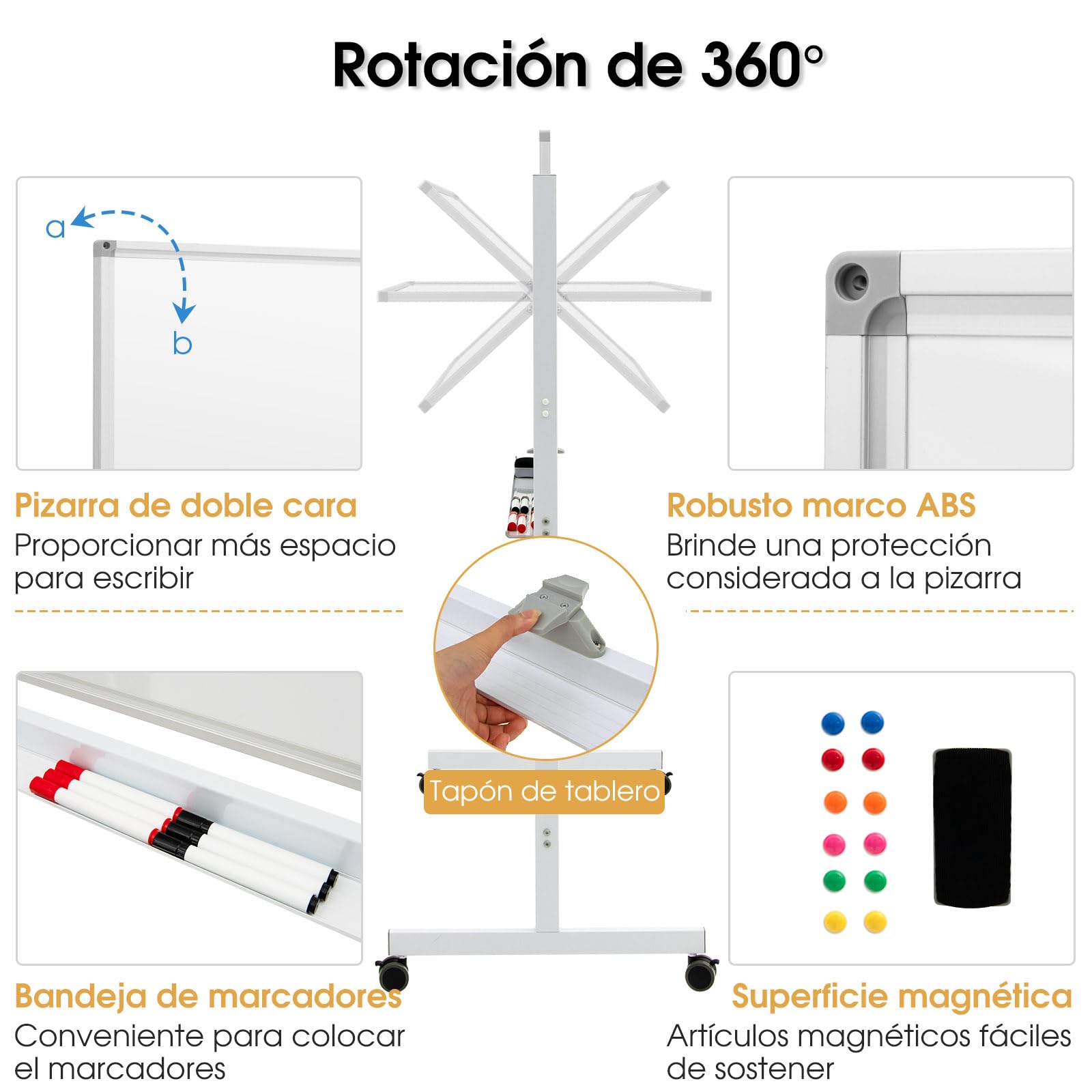 GOPLUS Pizarra Blanca Altura Ajustable en 2 Posiciones, Pizarra Blanca Magnética Giratoria de 360° con 4 Ruedas Universales, Tabla Borrable de 120x60 cm, para Escuela, Sala de Reuniones (Blanco)
