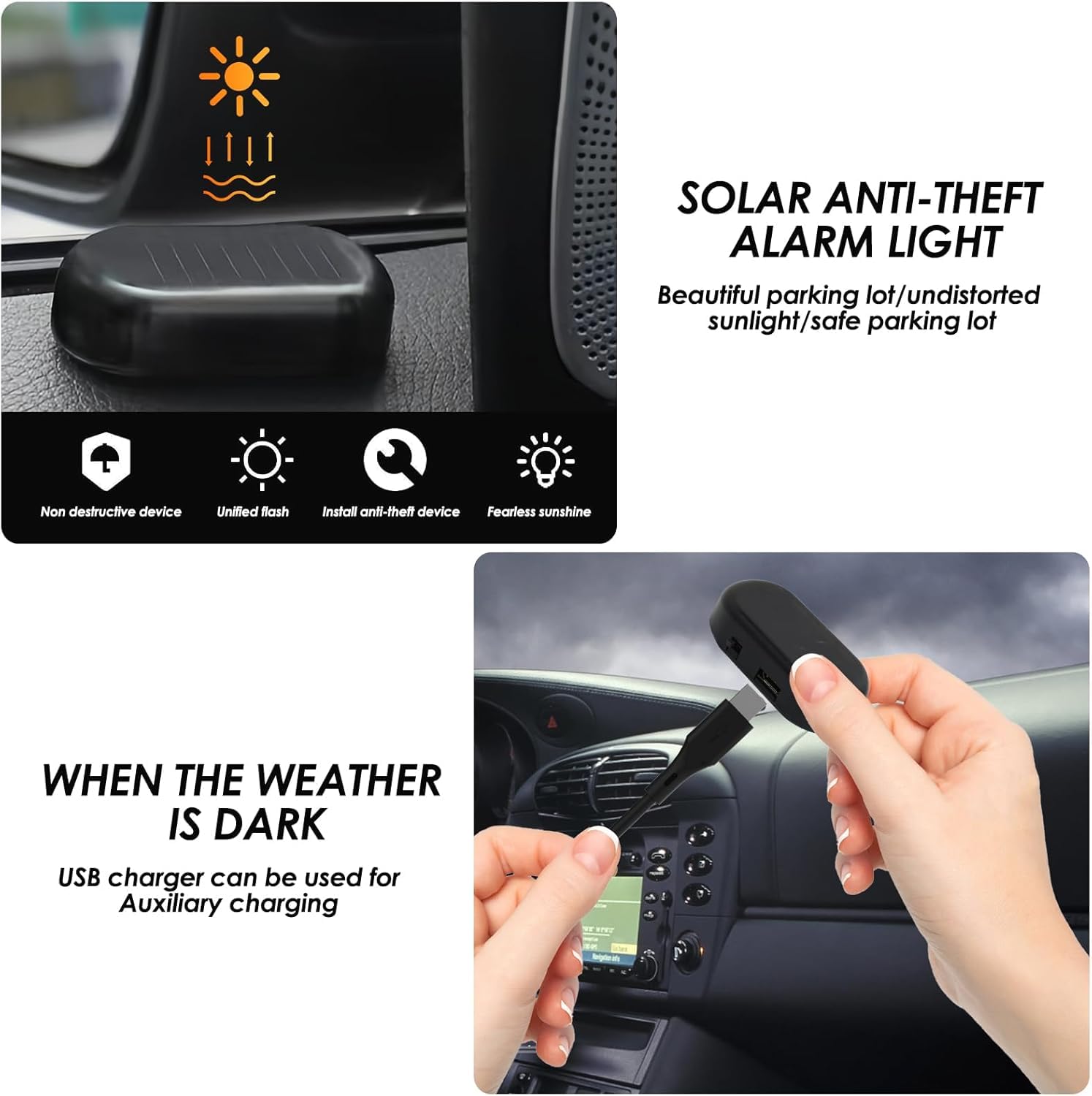 Lampe Alarme Solaire Voiture – Lot De 2, LED Clignotante, Anti-vol, énergie Solaire, Facile à Coller