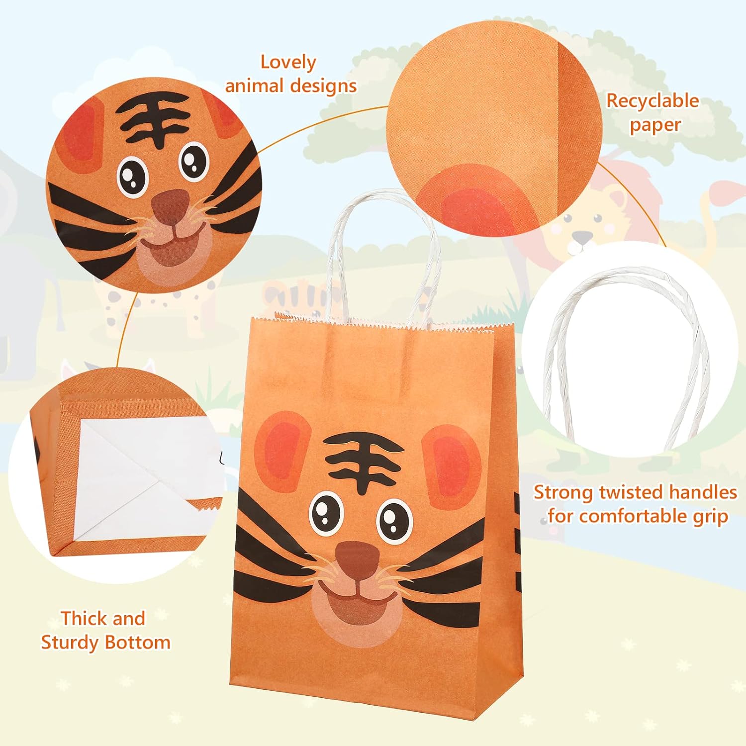 GWHOLE 12 Pack Jungle Animal Themed Candy Goodie Bags, Kraft Paper Treat Bags with Handles for Baby Shower Kids Birthday Party Safari Favors - Image 4