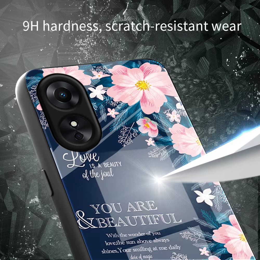 DEDUX Custodia Per Oppo A17 – Cover In Vetro Temperato 9H Con Design Cielo Stellato E Paraurti In TPU Morbido, Foglie Verdi, Supporta Ricarica Wireless