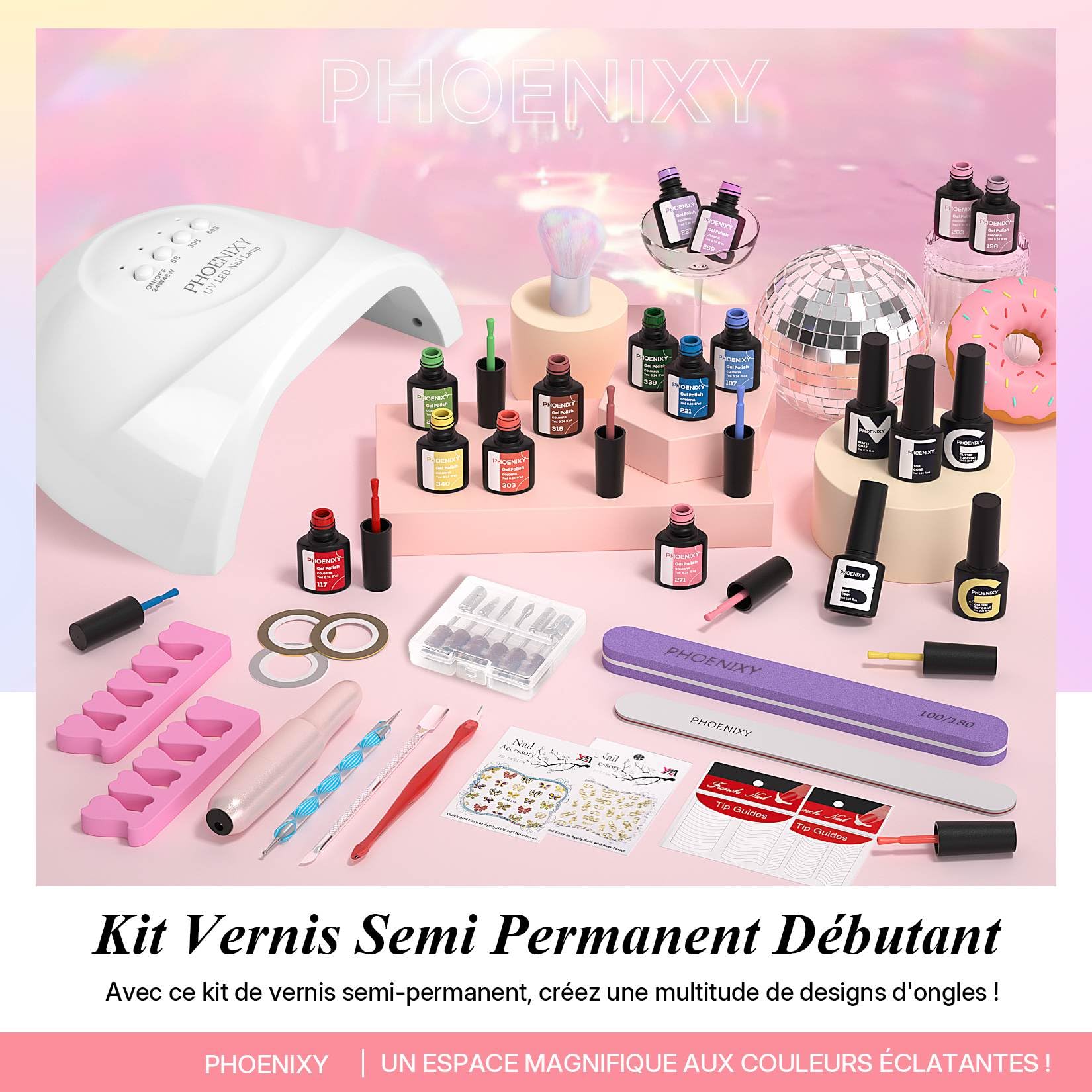 Phoenixy Kit Ongle Gel U V Complet 25 Couleur avec Ponceuse pour Ongles Lampe UV Kit Vernis Semi Permanent Base et Top Coat Outils de Manucure Adapté aux Débutants