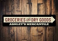 Vista 2 de Letrero de flecha de comestibles y productos secos, letrero de la compañía mercantil, letrero de aluminio personalizado con nombre del propietario