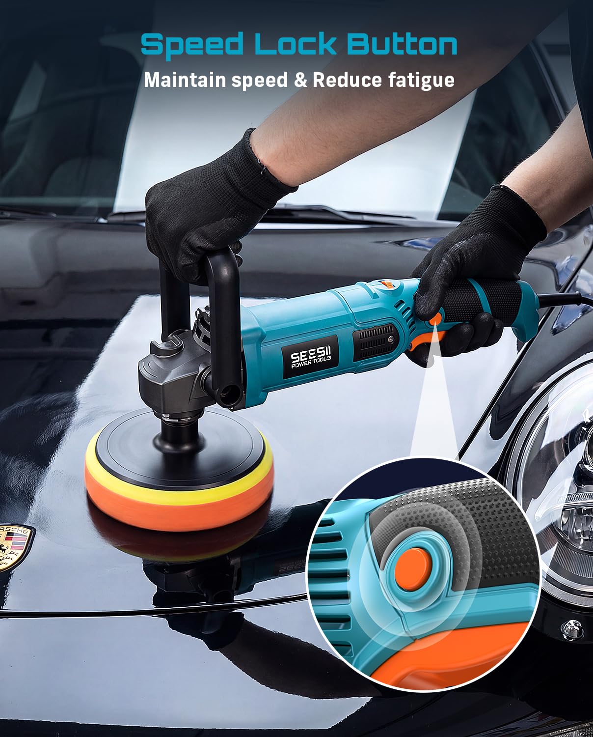 Seesii Lucidatrice per auto 1600 W: 17,8 cm/15,2 cm, lucidatrice rotativa con 7 velocità variabili 2056-3600 giri/min, motore in rame puro, maniglie staccabili per auto, barca, dettaglio, lucidatura e