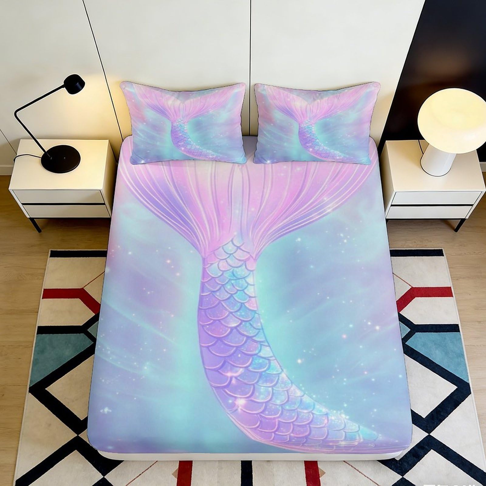3D Printed Mermaid Tail Fitted Sheet Microfiber Soft Pastel Gradient Mattress Cover for Bedroom Guest Room Decor 90x200x25cm