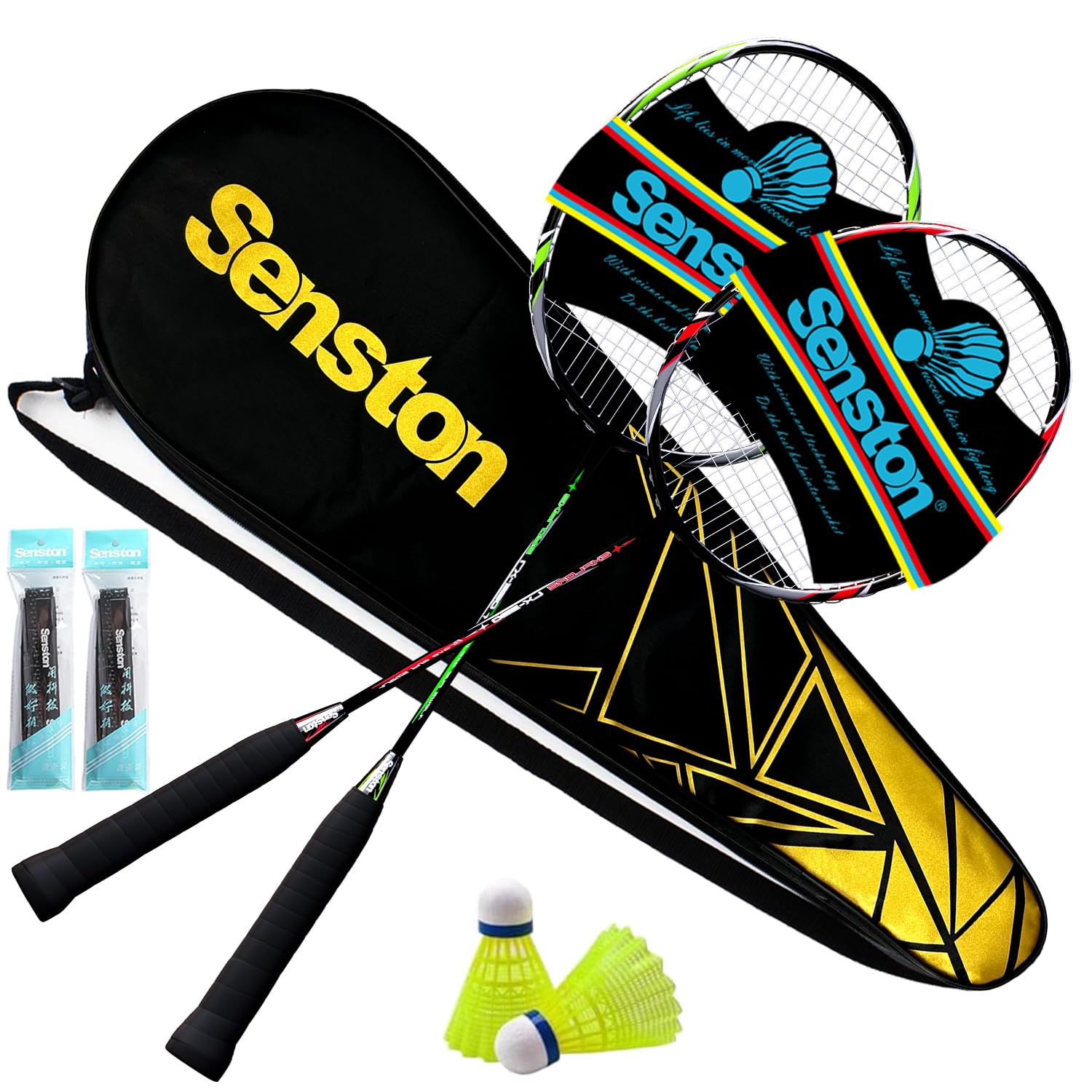 Senston Graphit Badminton-Set Leichtgewicht Badmintonschläger mit Tasche | Kohlefaser, stabil, präzise Kontrolle, großer Sweetspot, für Anfänger, inkl. 1 Tasche/2 Bälle/2 Griffband