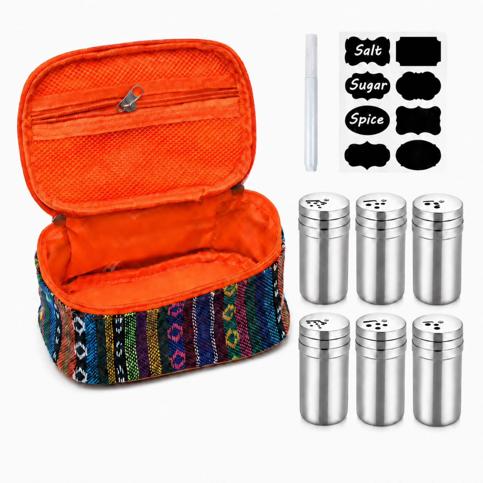 Raoletin Travel Spice Containers Set of 6 Stainless Steel Camping Spice Kit, Outdoor Spices Containers with Travel Bag, Labels and Pen, Camping Kitchen Seasoning Set for Hiking, BBQ, Campervan, Home