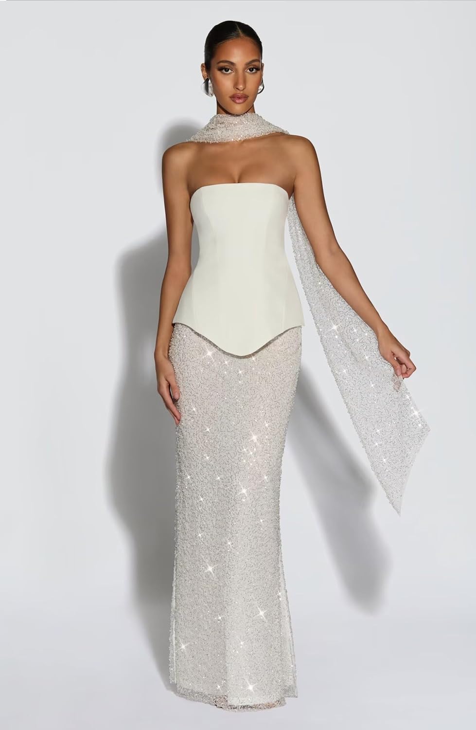 Sparkly Sequin Prom Dresses 2026 Long Mermaid Strapless Corset Formal Evening Party Gowns for Women with Scarf