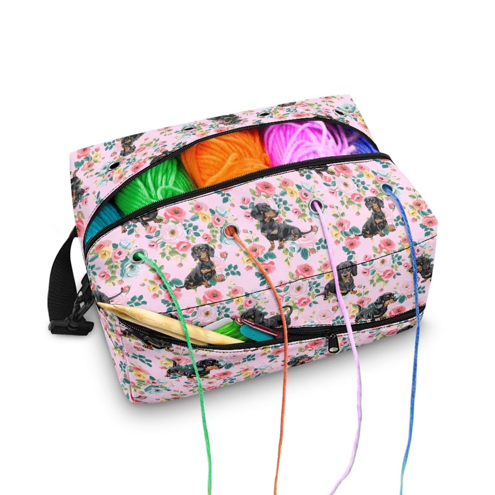 Drnuikhe Rose Puppy Yarn Bag Crochet Storage Bag with Shoulder Straps Yarn Skein, Knitting Needles, Crochet Supplies &amp; DIY Project Traveling Crochet Bags and Totes for Carrying Crochet Kit