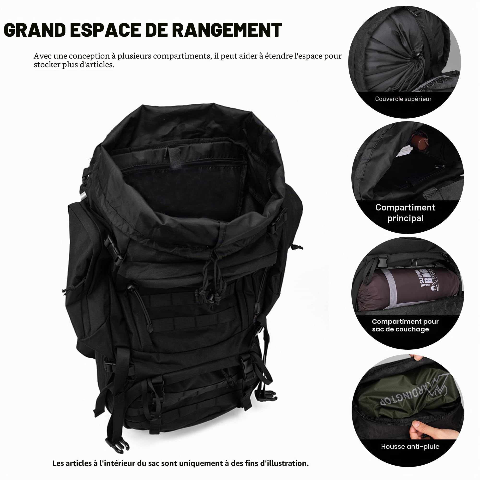 Mardingtop 60L Sac à dos tactique avec housse de pluie Grand sac à dos de trekking Extensible pour randonnée camping