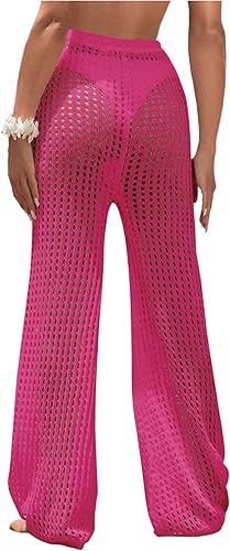 COZYEASE Women's Beach Cover Up Pants Hollow Out Drawstring Elastic High Waist B