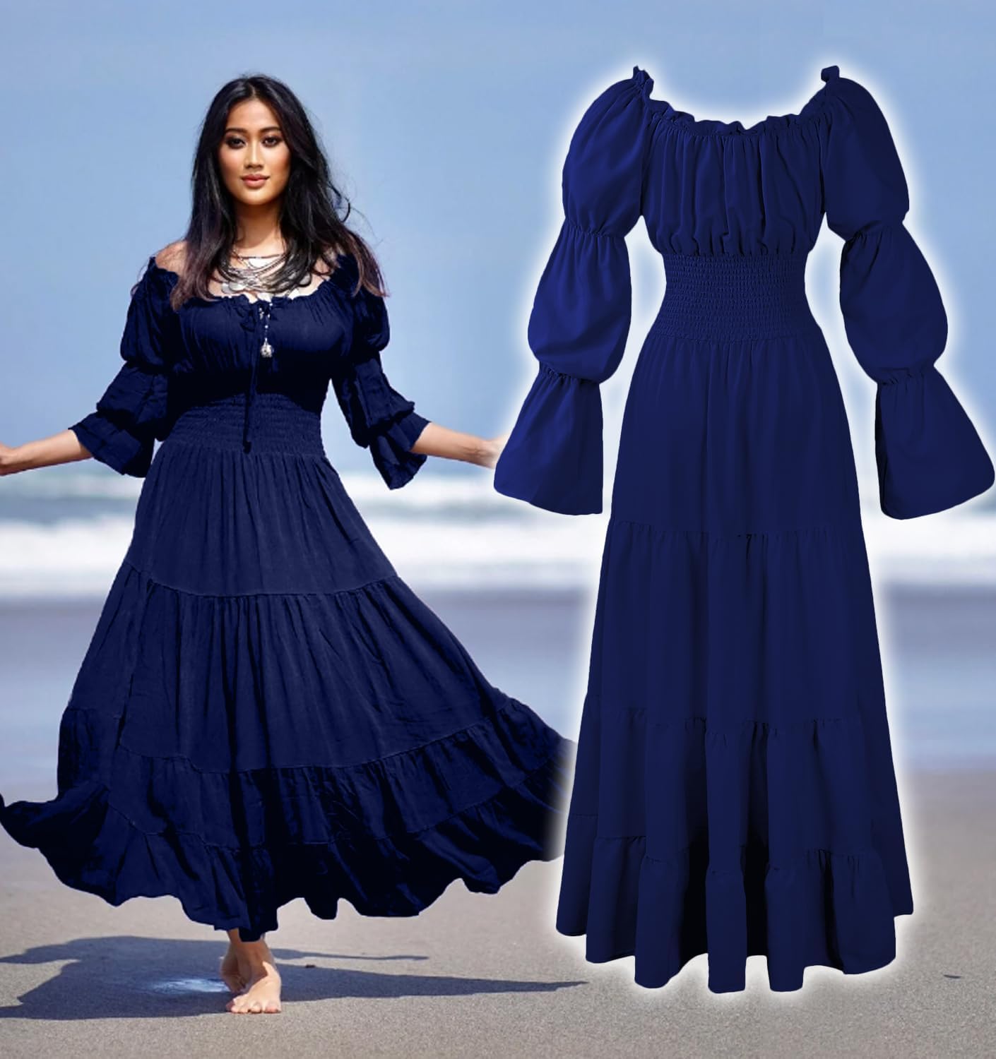 BITSEACOCO Halloween Renaissance Dress for Women, Medieval Victorian Gothic Pirate Peasant Witch Costume Irish Fairy Dresses - Image 3