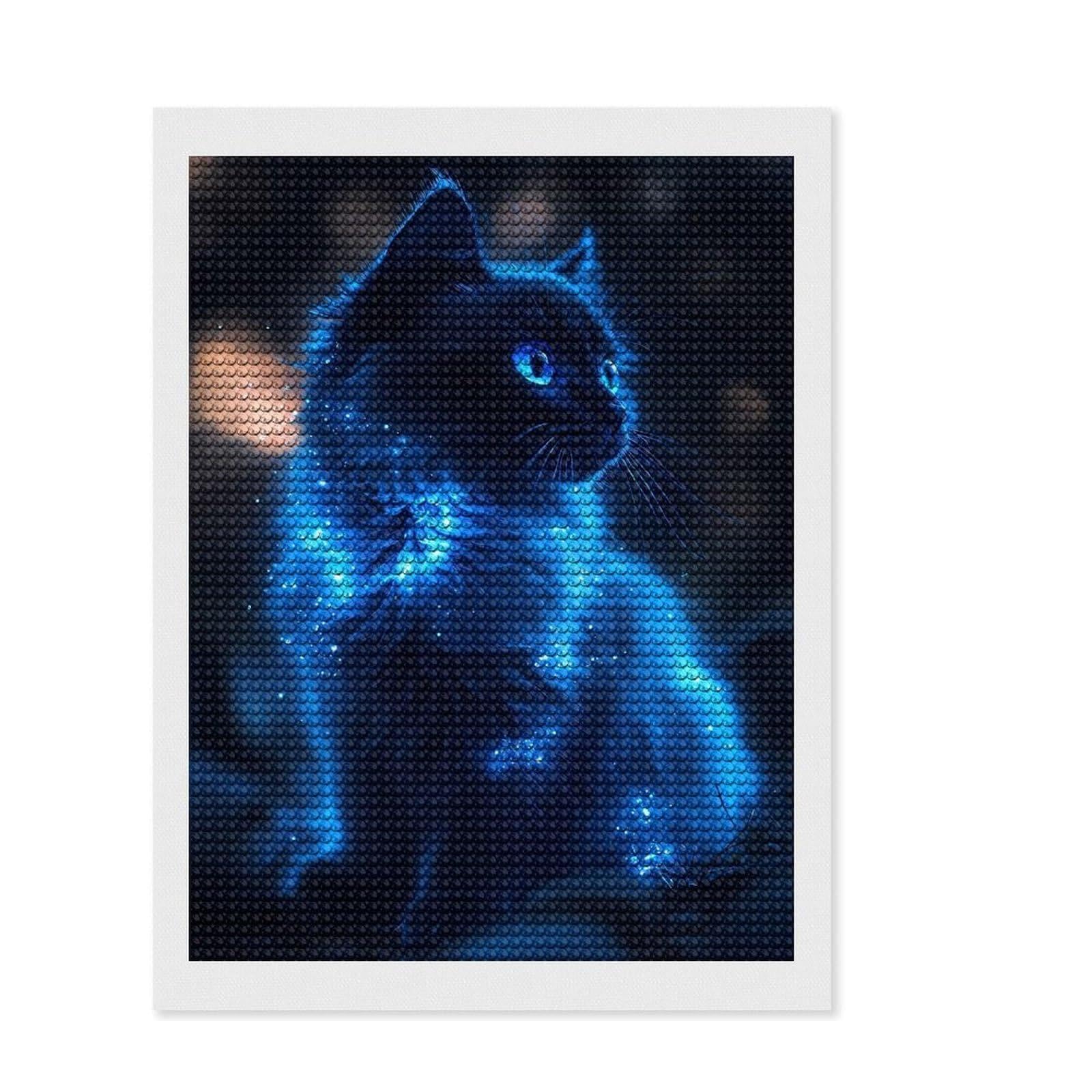 Junmoney Glowing Blue Cat Portrait Diamond Painting Set 12"x16", Easy to Enjoy, Easy Handmade Project, Boho Decor, Birthday Gift, Stress Relief Craft