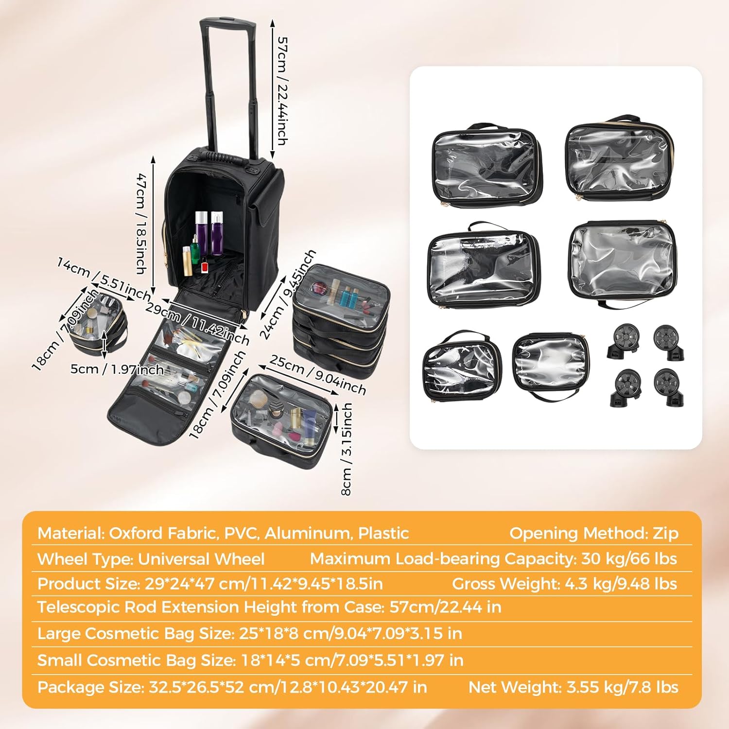 Makeup Rolling Train Case Large Storage Cosmetic Trolley, Professional Cosmetic Organizer Box with WheelsSalon Barber Case Traveling Cart Trunk, Black 11.42 * 9.45 * 18.5in