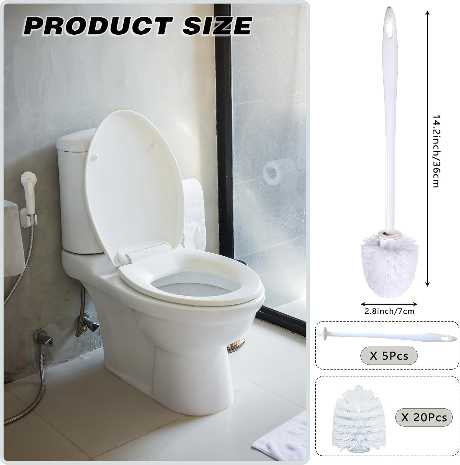 14.2 Inch Toilet Brushes White 5 Handles with 20 Replaceable Brush Heads Disposable Toilet Brush Set Bathroom Cleaning Brush Soft Bristle Long Handle Plastic Toilet Scrubber