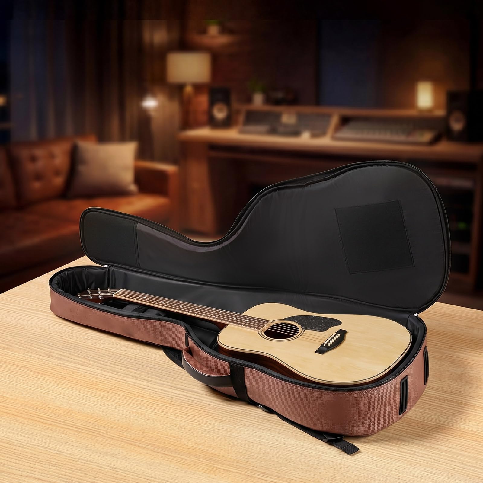 VEVOR Funda para Guitarra Acústica de 41 Pulgadas 104,1 cm Marrón con Asa, con Acolchado de Espuma, Compartimento Externo para Accesorios y Correas para Hombro, Funda de Cuero Sintético de 119,5 cm