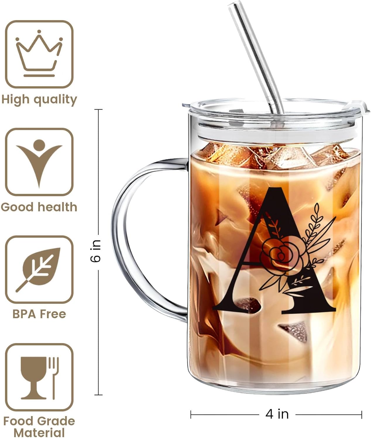 Initial Extra Large Glass Drinking Cup With Lid Straw Boss Gifts For Women Cute Customized Mug Gift For Her Iced Glass Tumbler Cup Retirement Gift Must Haves For Women Apartment Essentials - Image 6