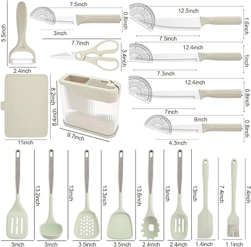 Miniatura 6 de Juego de utensilios de cocina de 17 piezas y juego de cuchillos con bloque acrílico, juego de utensilios de silicona para cocinar, juego de bloques