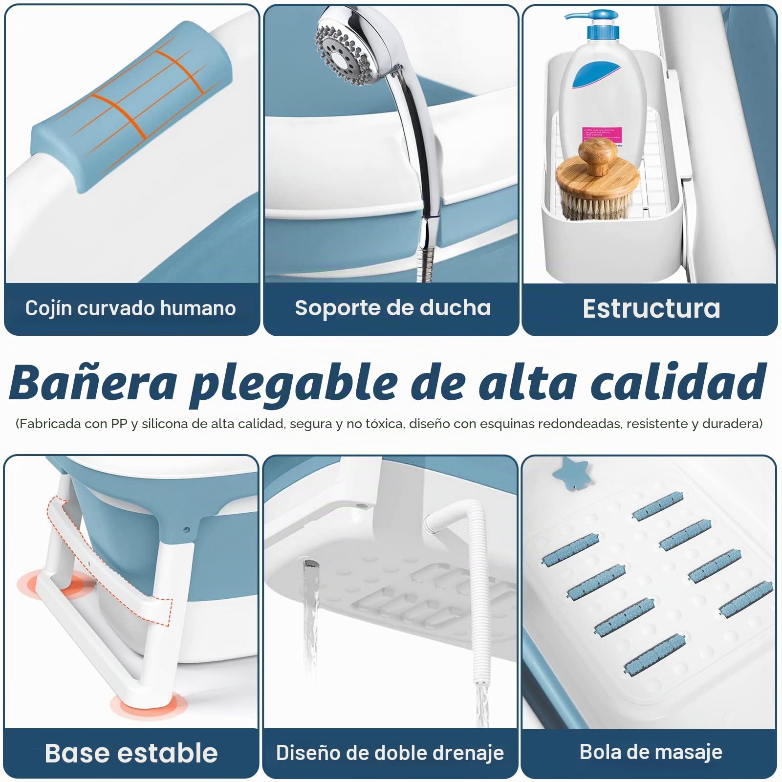 Aufun Bañera Plegable XL 148 x 62 x 53 cm, Ideal para Baño, Ducha y Balcón, con Funda y Rodillos de Masaje, Jabonera, Bañera Portátil de Plástico Grueso - Azul