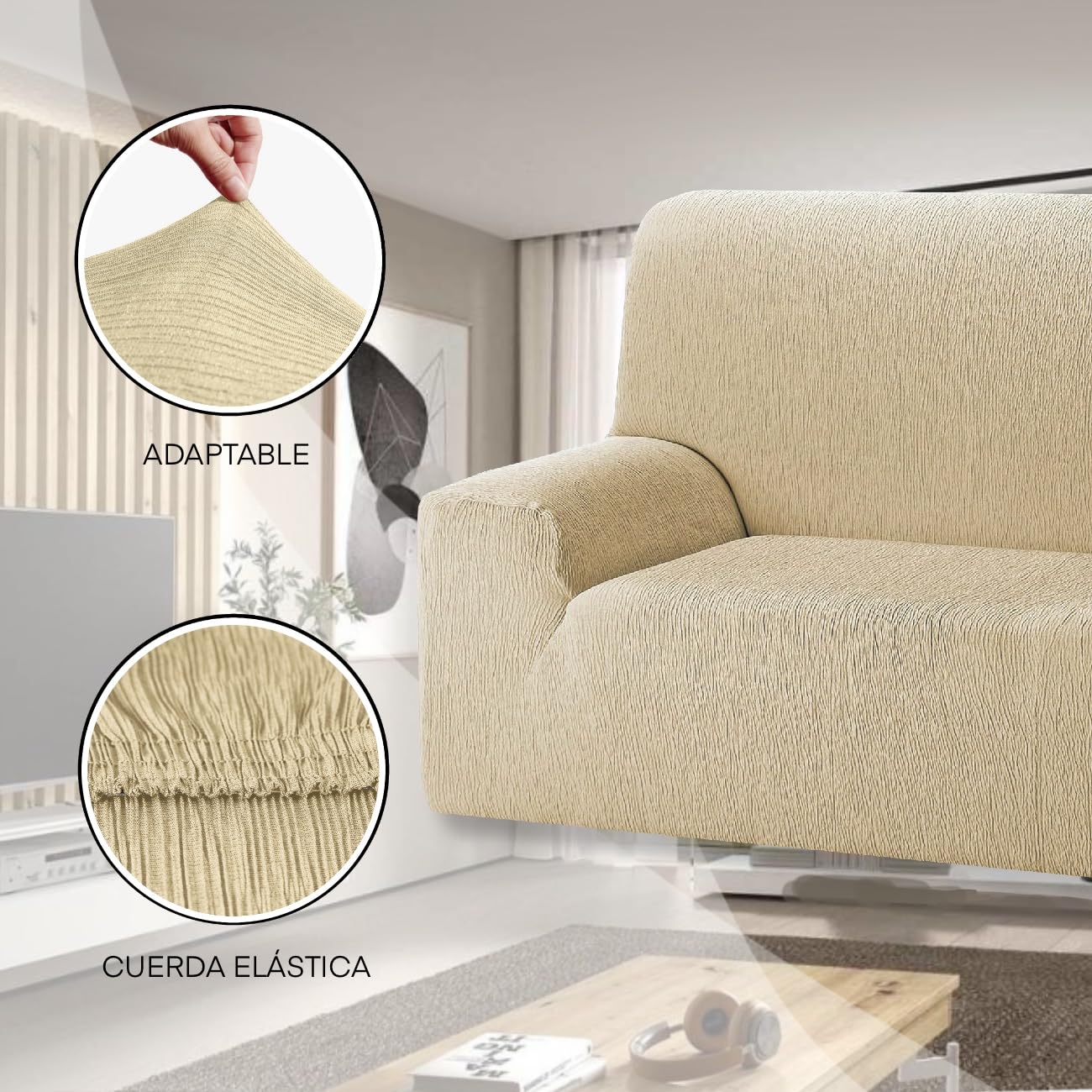 GFD - Funda Cubre Sofá Lisa Ajustable 3 Plaza 170-220cm, Funda Protectora Elástica Antimanchas Lavable, Fundas Duradera Perros Gatos Mascotas (Beige)