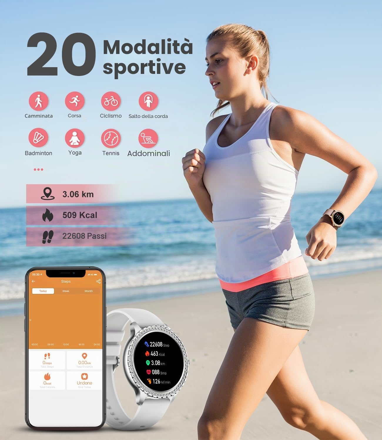 Smartwatch Chiamate, 20 Sport Orologio Smartwatch Donna, Fitness Contapassi Cardiofrequenzimetro Pressione Sanguigna SpO2, Monitoraggio del Sonno, Android iOS,Argento