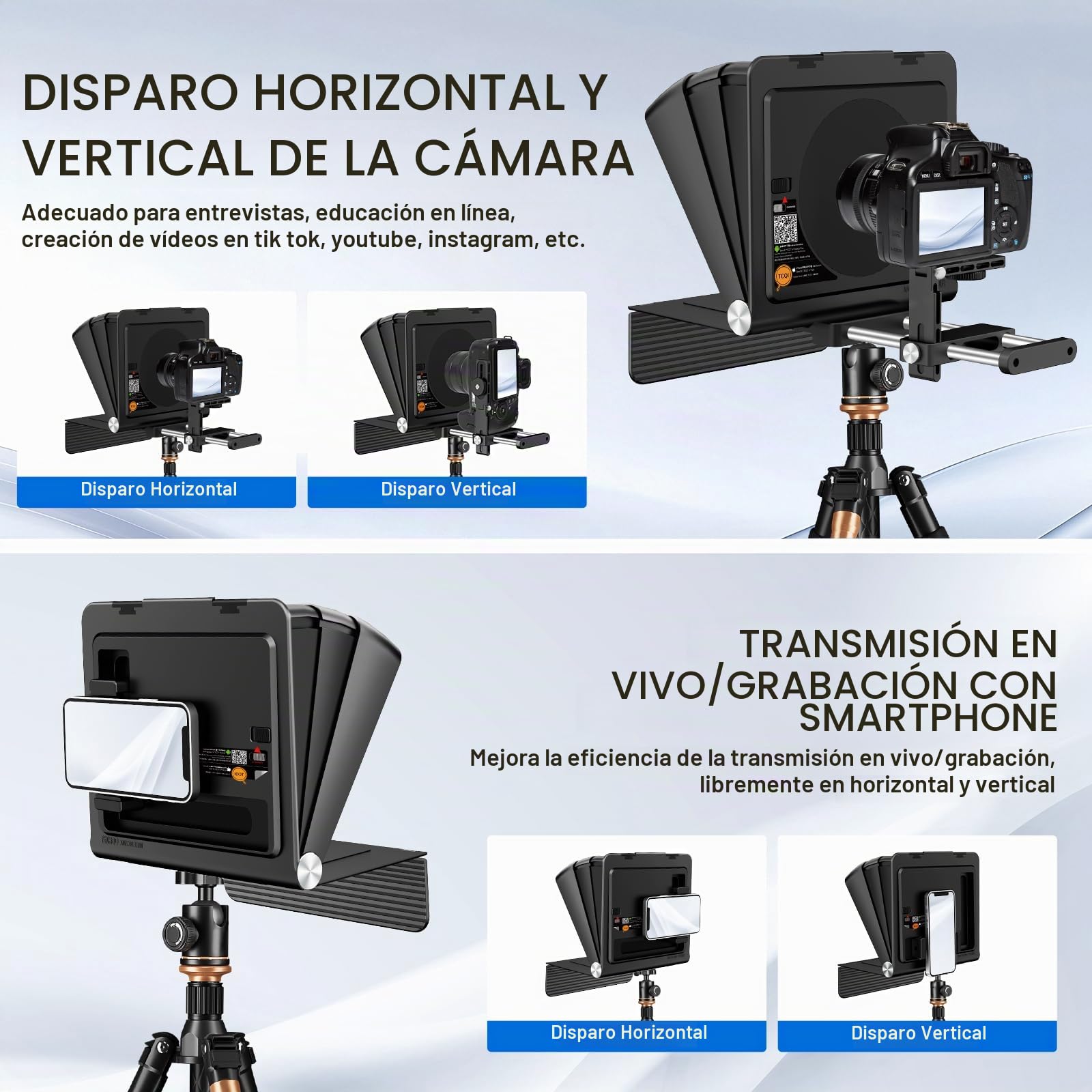 Soonpho T3 Teleprompter Compatible Cámaras hasta 7,9 Pulgadas Admite Objetivos Angulares 24–35mm Una Aplicación Remota Control Bluetooth para Entrevistas Vlogs Retransmisiones