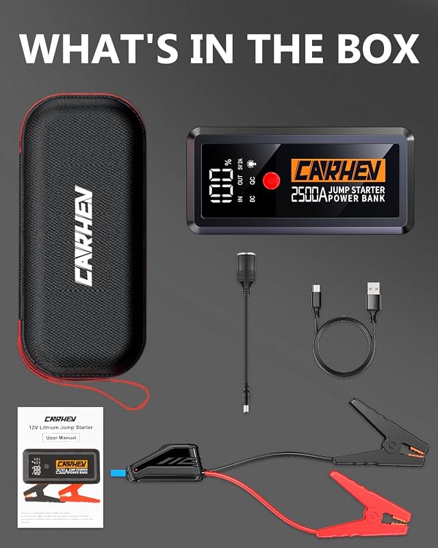 CARHEV JS-02 Autós Indításrásegítő Powerbank 2500A, 21800mAh - 8.0L Benzin/Dízel Motorokhoz, LED Lámpával, USB Gyorstöltéssel, IP65 Védelem