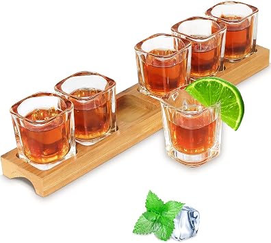 Shot Glass Set - 2oz/60ml Set of 6 Shot Glass Tray Holder Set Thick Base for Club Bar Party 6pcs