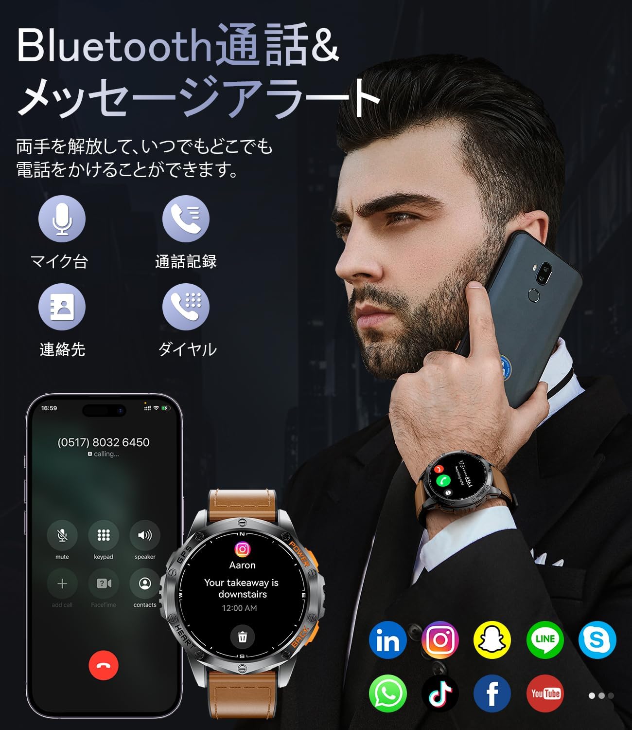LIGE DM1 Smartwatch on a wrist, showing an incoming call and message notifications from various apps on a smartphone