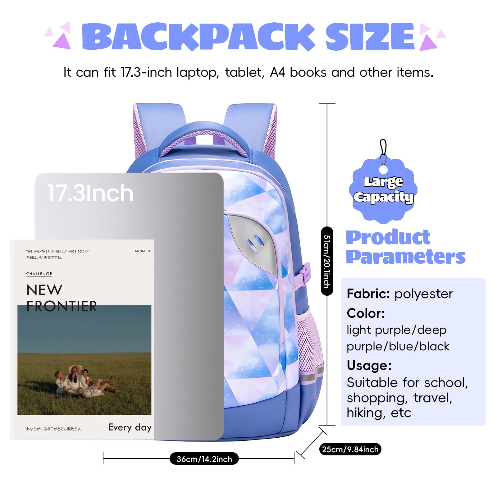 Amythe Cartable École Ados Filles 8 à 15 ans Collège Grand 46L, Bleu Clair | Imperméable Réfléchissant Léger Ergonomique Bleu Clair Daypack Multi-Poches Spacieux Robuste pour École Voyage Randonnée