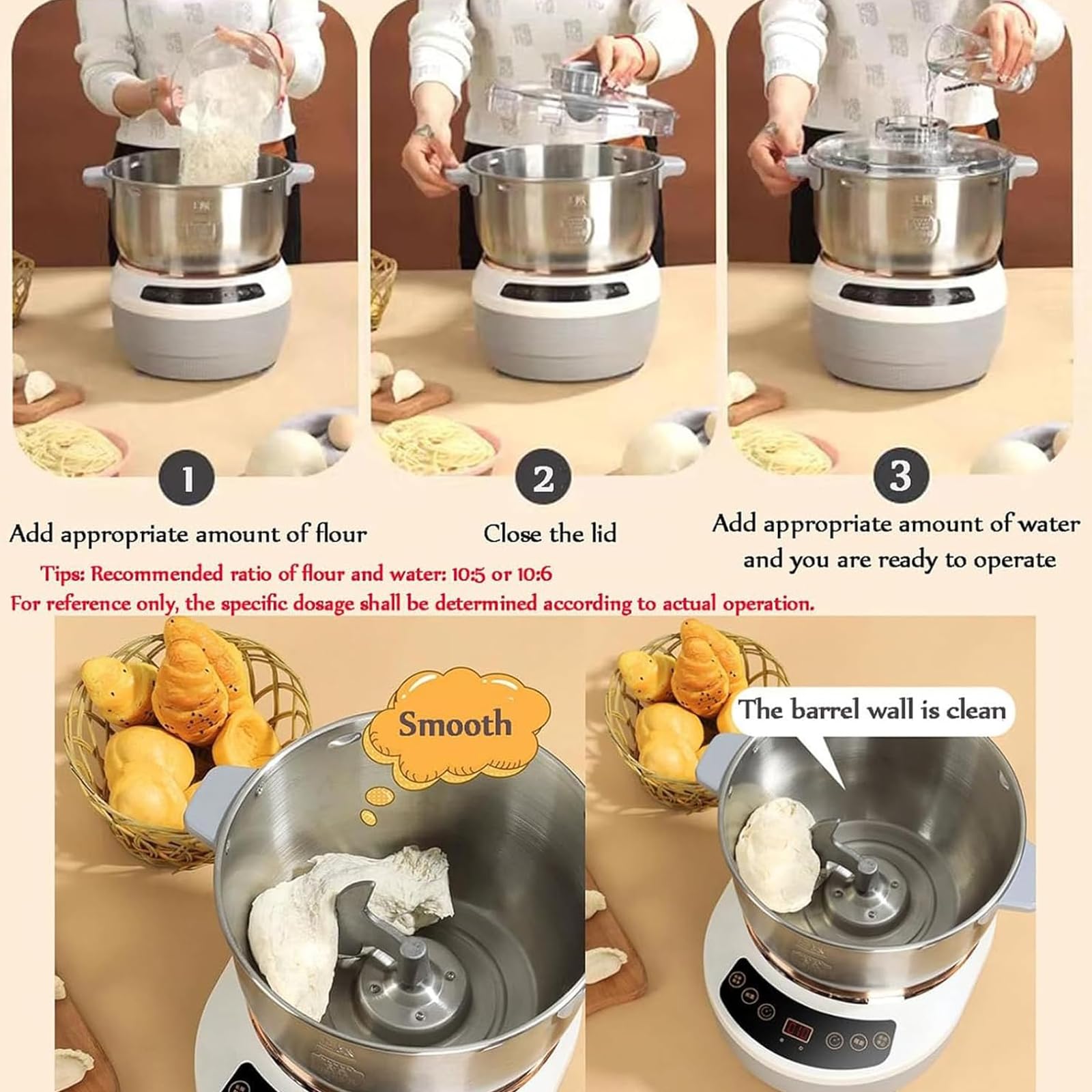 Máquina Automática para Masa 5L/7L, Amasadora Inteligente con Función de Fermentación y Temporizador, Control por Panel Táctil, Diseño Desmontable, Para Pan, Pizza, Bollos y Repostería 7L