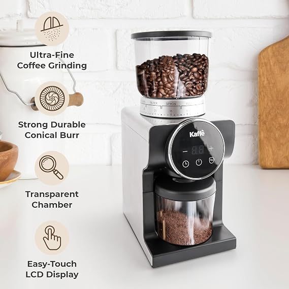 Kaffe Electric Burr Coffee Grinder (9oz) w/ 31 Adjustable Coarseness Settings - Conical Burr - [New Touch Screen w/Timer & Cup Selector] - Precision Coffee Bean Grinder for Home Use - Stainless Steel