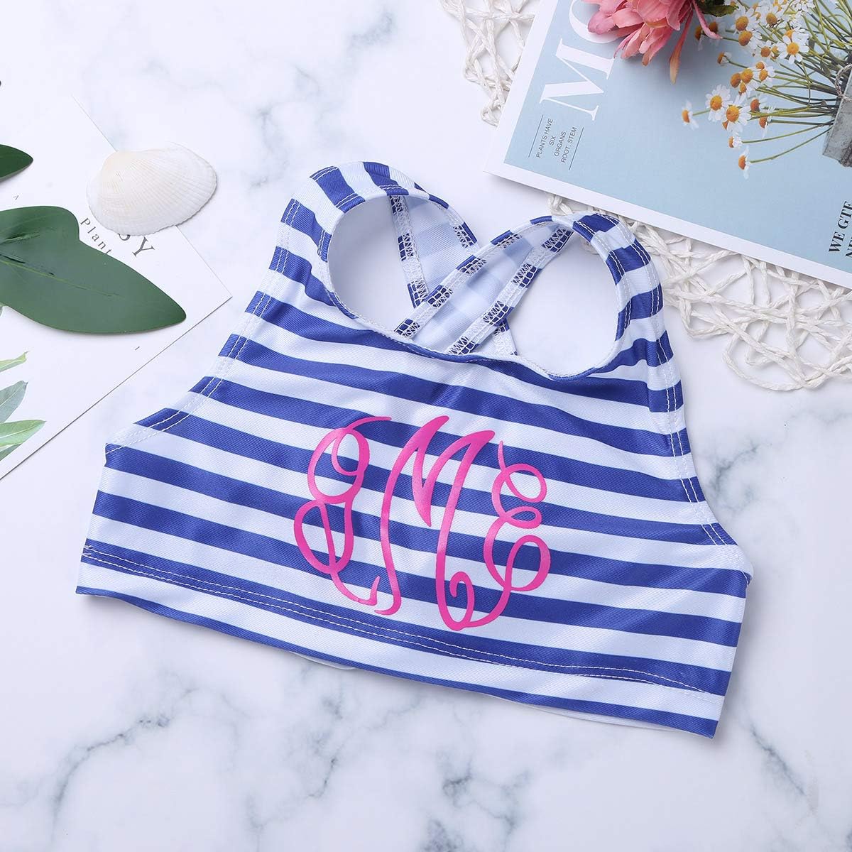 Freebily 2PCS Kids Girls Striped Tankini Swimsuit Swimwear Crop Tops with Ruffled Bottoms Summer Bathing Suit