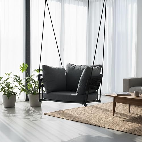 Miniatura 7 de Columpios colgantes para porche, silla columpio individual para exteriores, sillas hamaca para adultos, asiento de columpio de patio resistente con