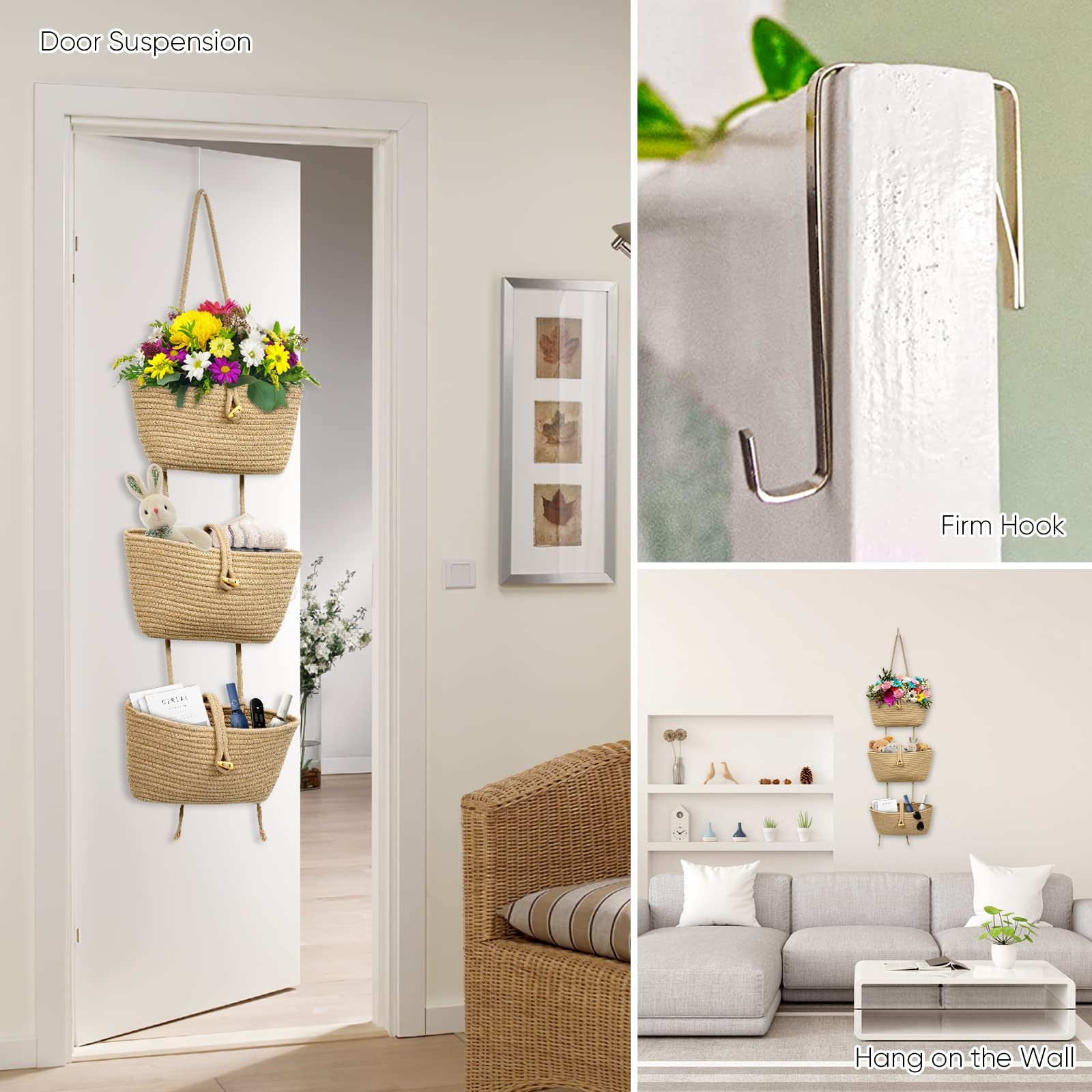 Panier de rangement tissé à 3 niveaux à suspendre sur une porte avec 2 crochets, corde de coton à suspendre pour mur de salon, salle de bain et chambre à coucher (jaune