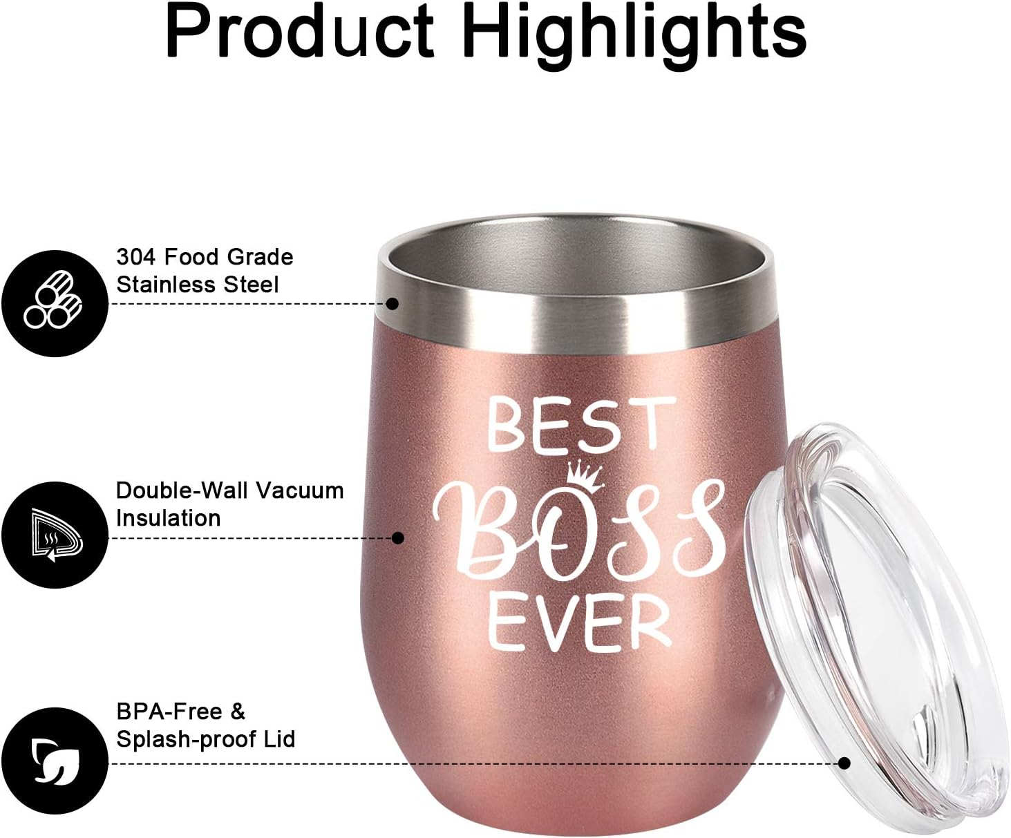 Featured Product Boss Day Gifts-Stainless Steel Wine Tumbler, Gifts for Bosses Day Christmas Birthday, Funny Gifts for Women Boss Lady Gag Wine Lover Mom, Insulated Wine Tumbler with Lid and Straw(12oz, Rose Gold)
