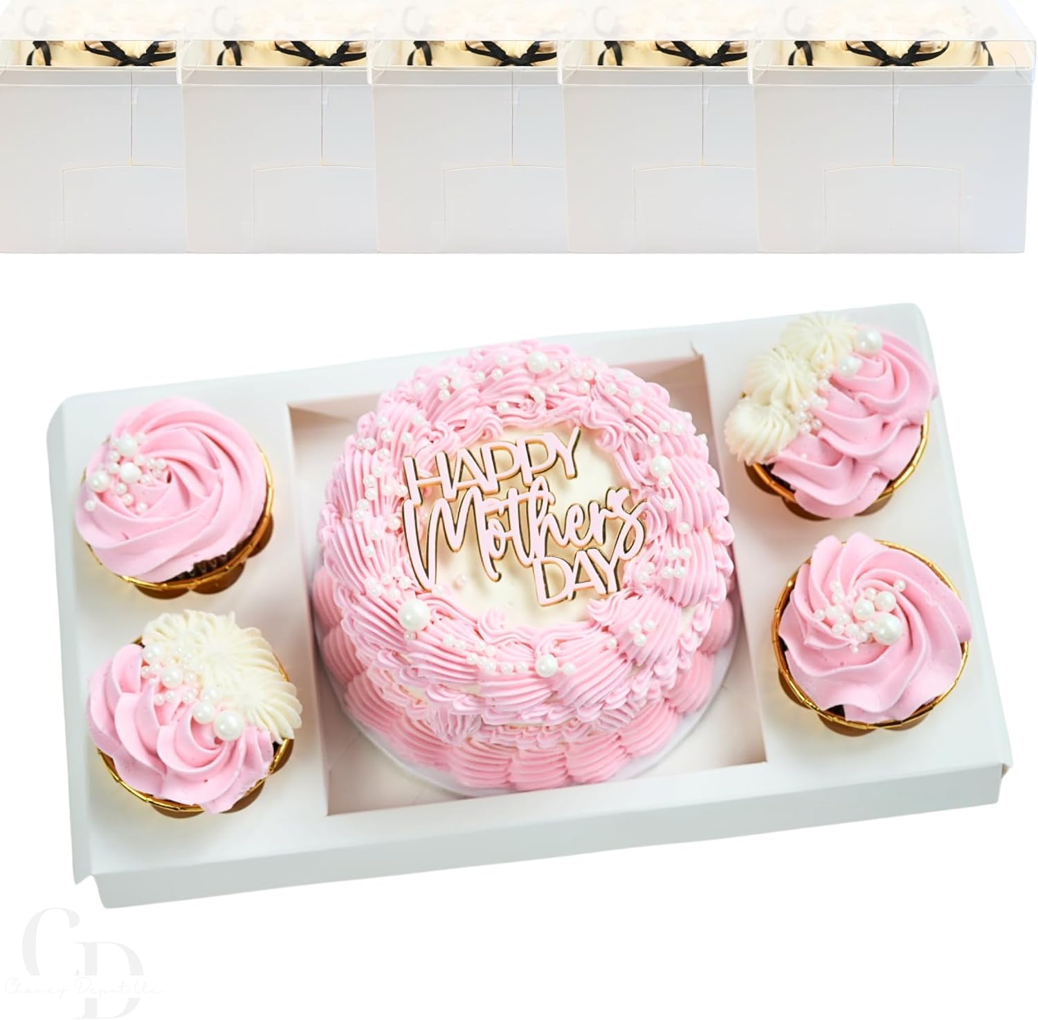 Bento Cake and Cupcake box with 4 cupcakes and a 6x6in slot for 1; 4-5in cake- 5 pack