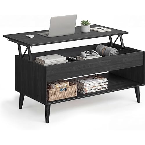 VASAGLE Lift Top Coffee Table, Lift Tabletop Dining Table, Gas Spring, Hidden Compartment, Open Storage Shelf, for Living Room, Home Office, Charcoal Gray ULCT268BA01S